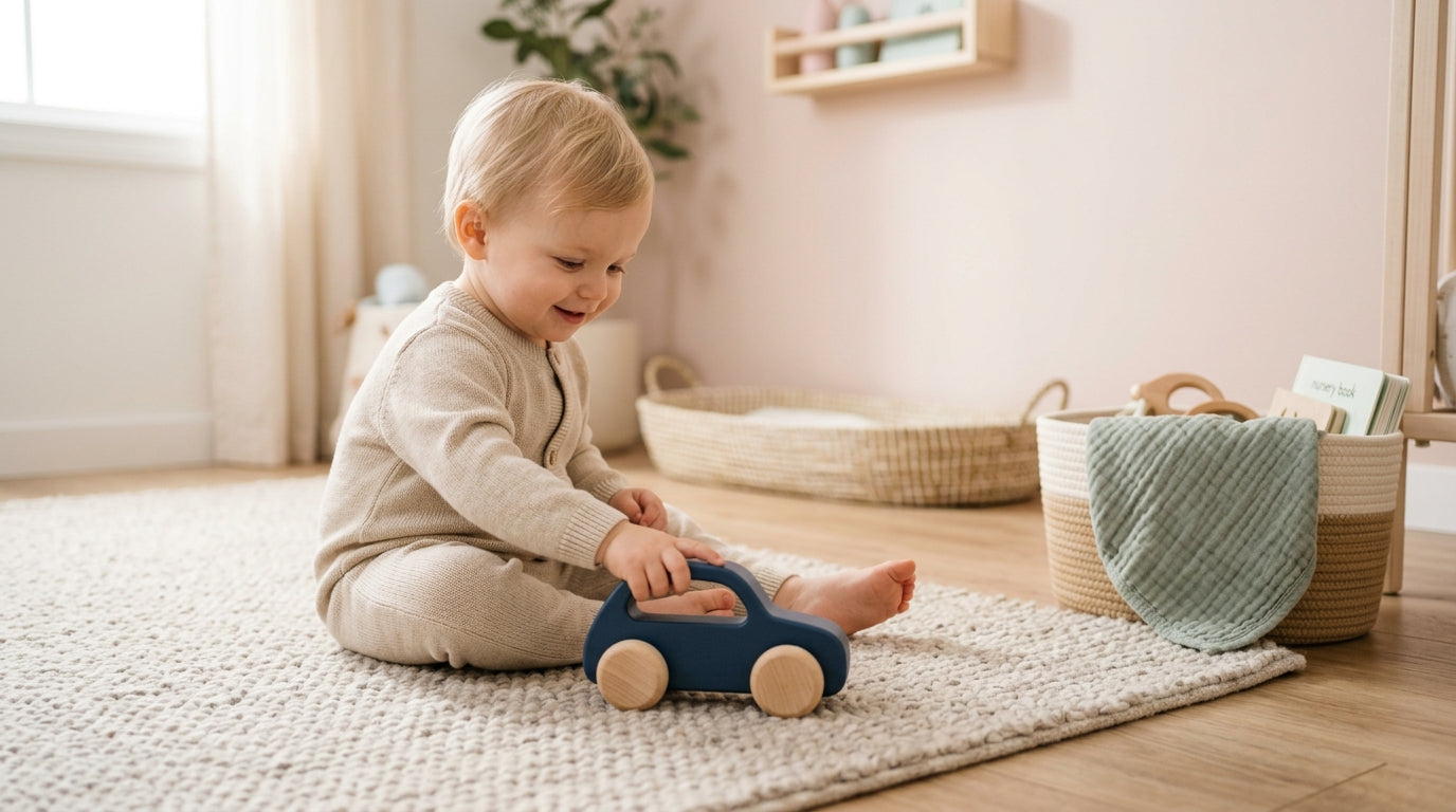 A confused dad looking at his phone while his 11-month-old plays with a wooden toy