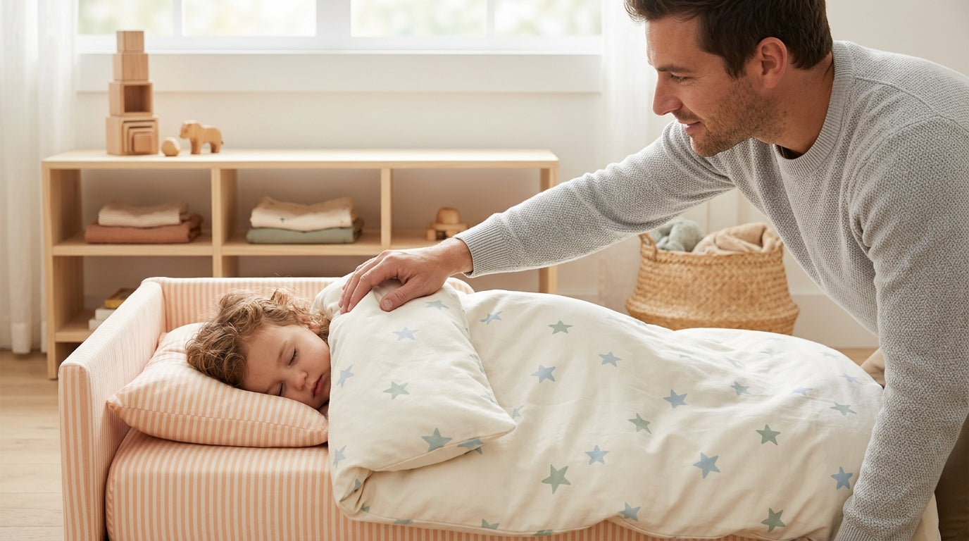 Exhausted dad staring at a toddler tangled in a massive white duvet