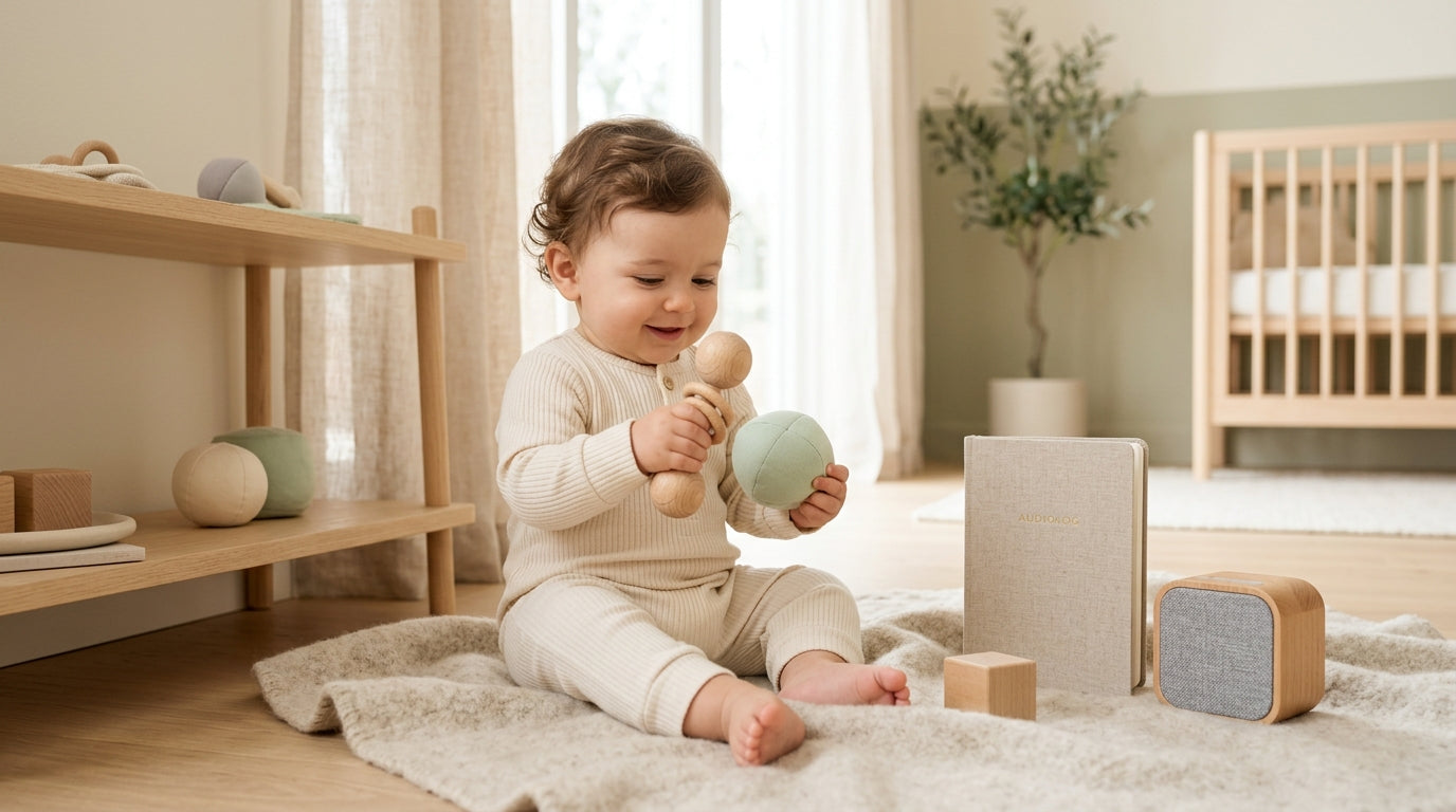 A dad looking confused while his 11 month old baby yells at a rubber spatula