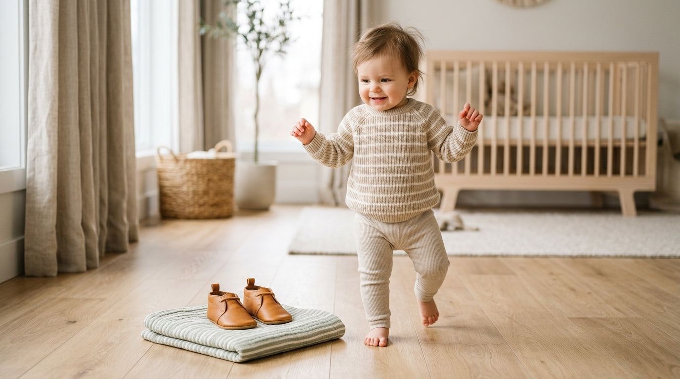 A wobbly toddler standing barefoot on a living room rug holding a wooden coffee table