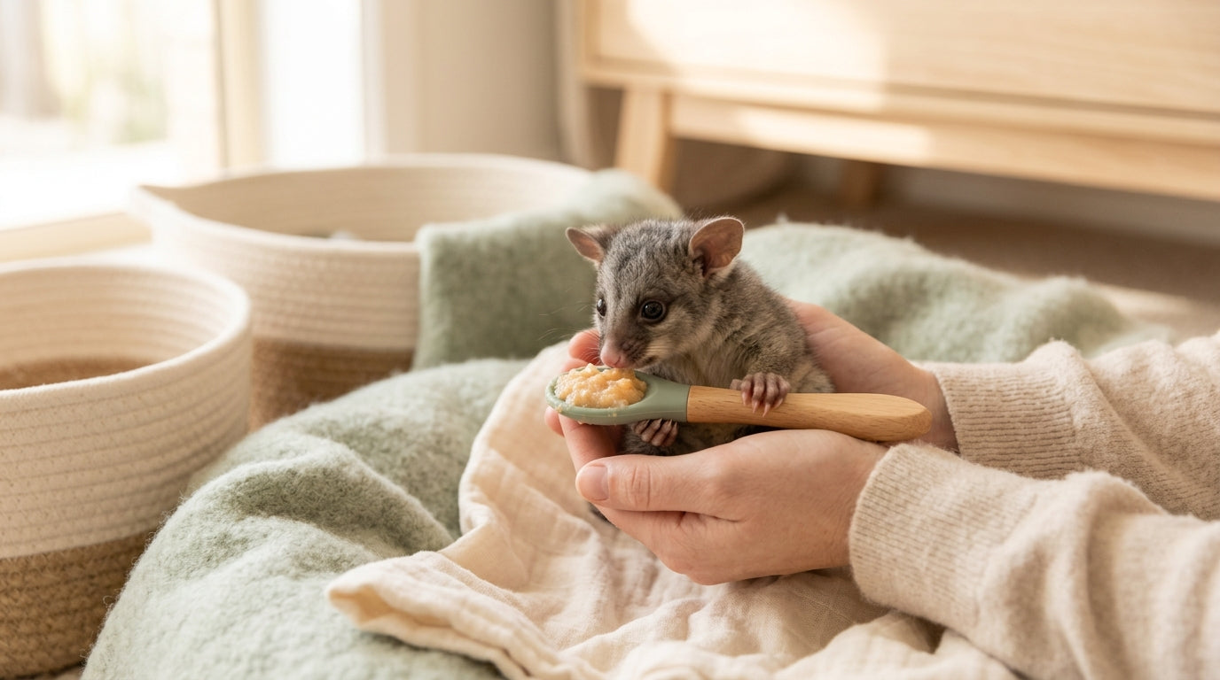 A small cardboard box lined with a soft blanket for a rescued baby possum