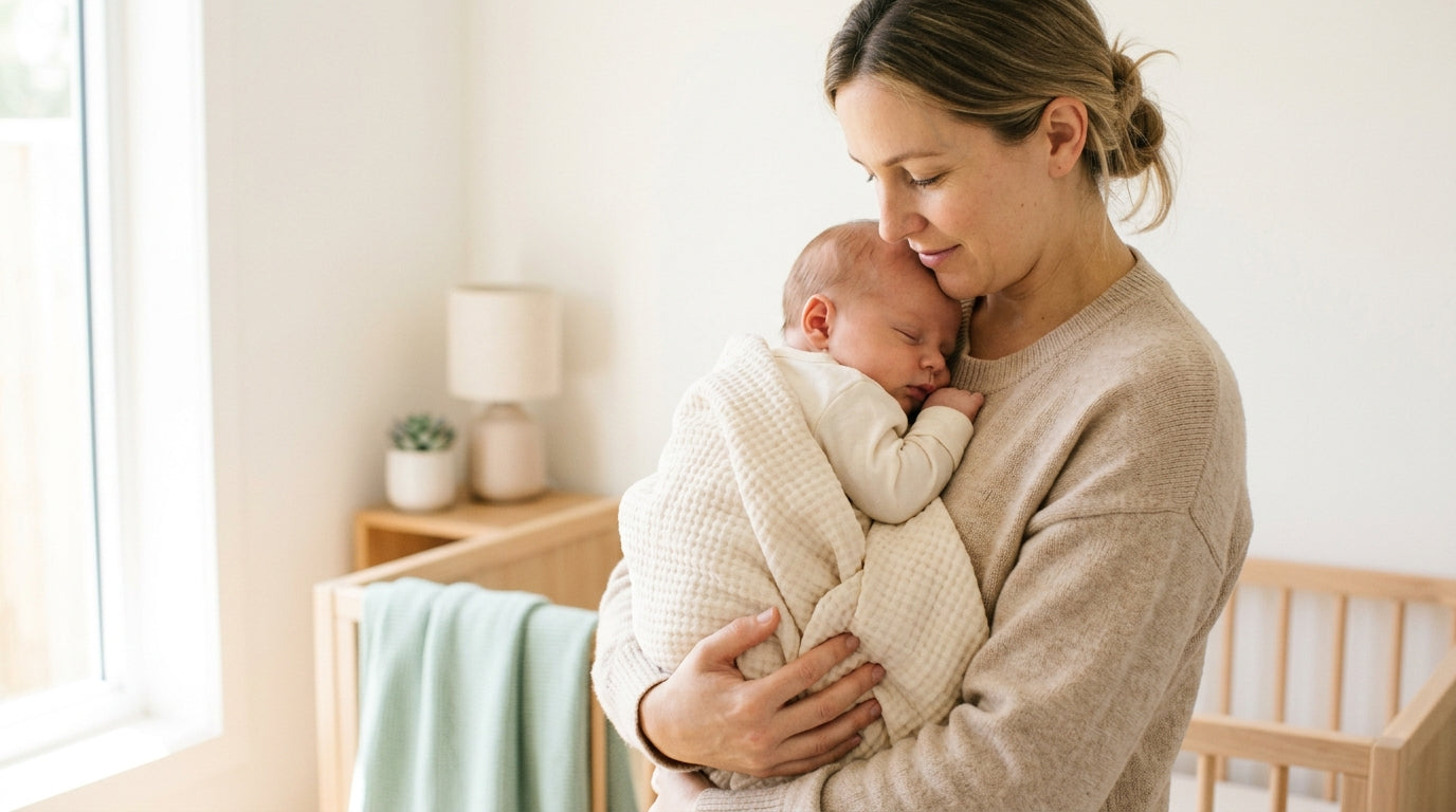 Mom holding a fussy newborn baby with red acne bumps on his cheeks