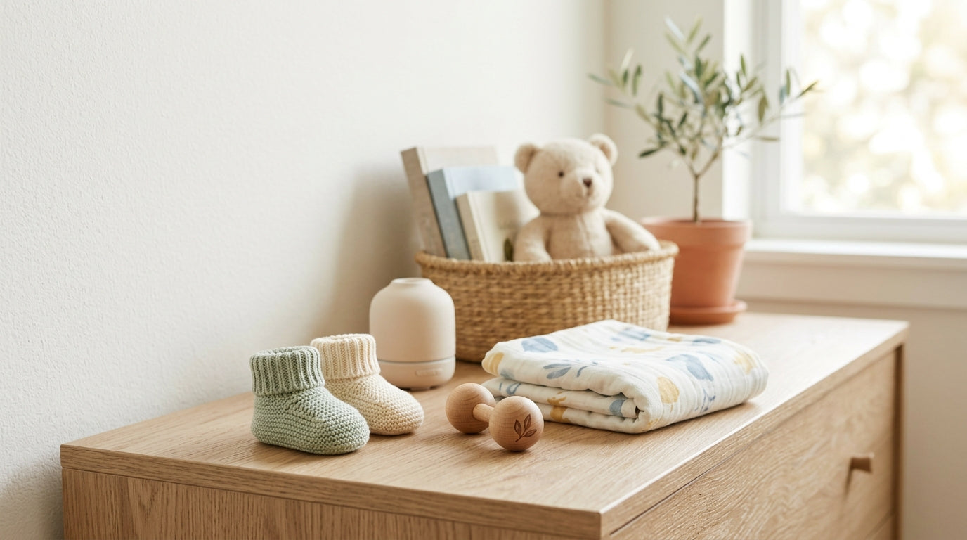 Tired pregnant mom sorting through a pile of gender neutral baby clothes