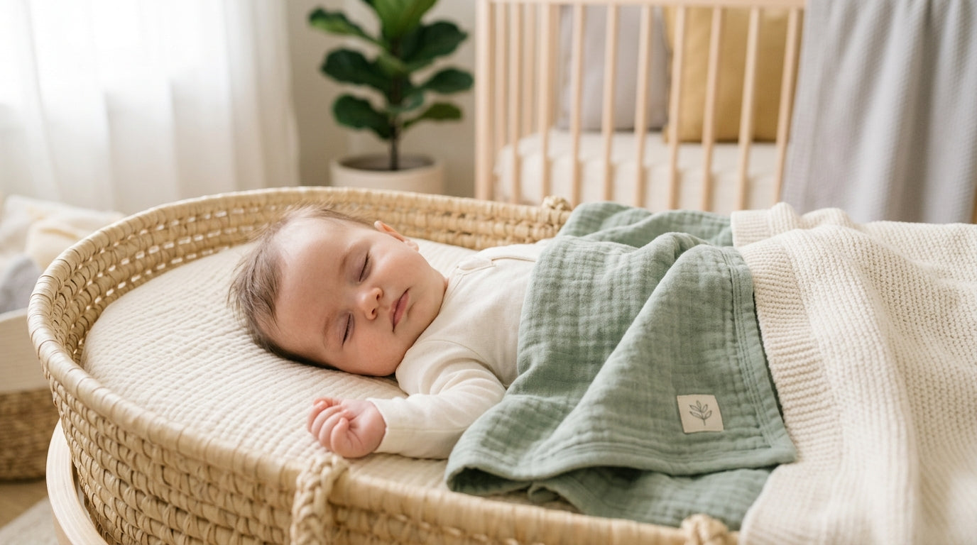 Infant sleeping soundly under a squirrel print blanket while twitching