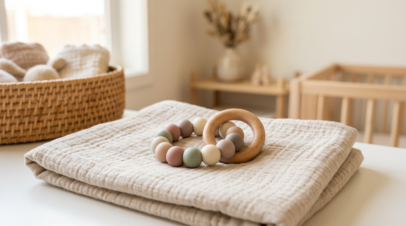 A wooden and crochet baby teether resting on a folded organic cotton blanket.