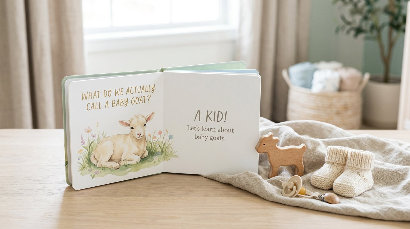 A tired dad holding a farm animal picture book and a coffee mug.