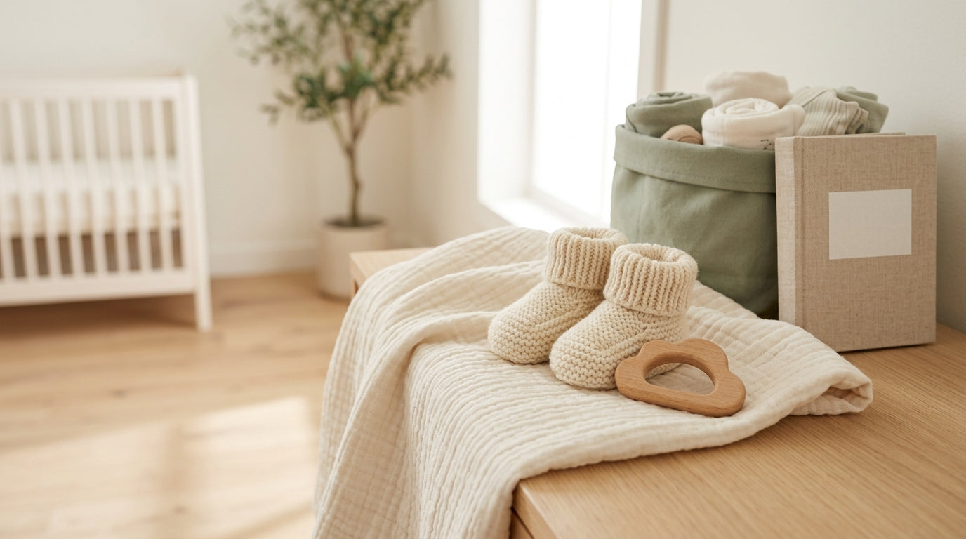 A tired mom holding a coffee cup next to a toddler playing with a wooden baby gym.