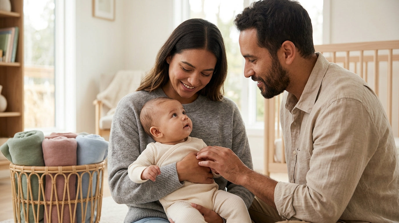 Tired dad looking confused at a laptop while an 11-month-old baby plays with a wooden play gym.