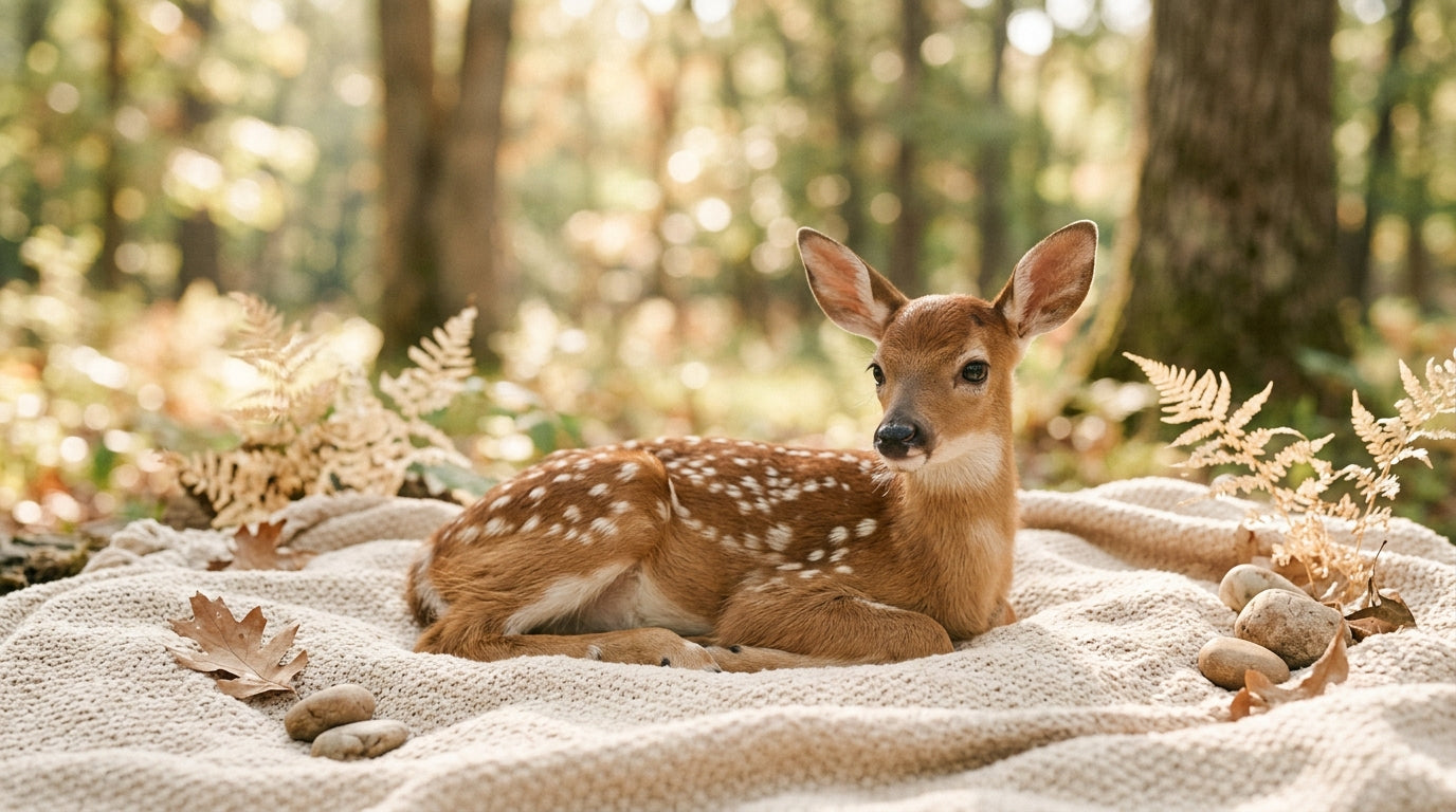 A tiny spotted baby deer fawn hiding in tall green woodland grass
