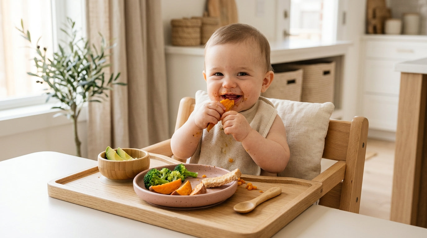 A baby covered in spaghetti sauce during a messy mealtime at the highchair.