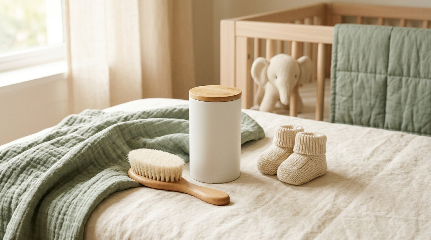 Mom holding a mug of cold coffee and looking confused at an old bottle of baby powder on a messy changing table.