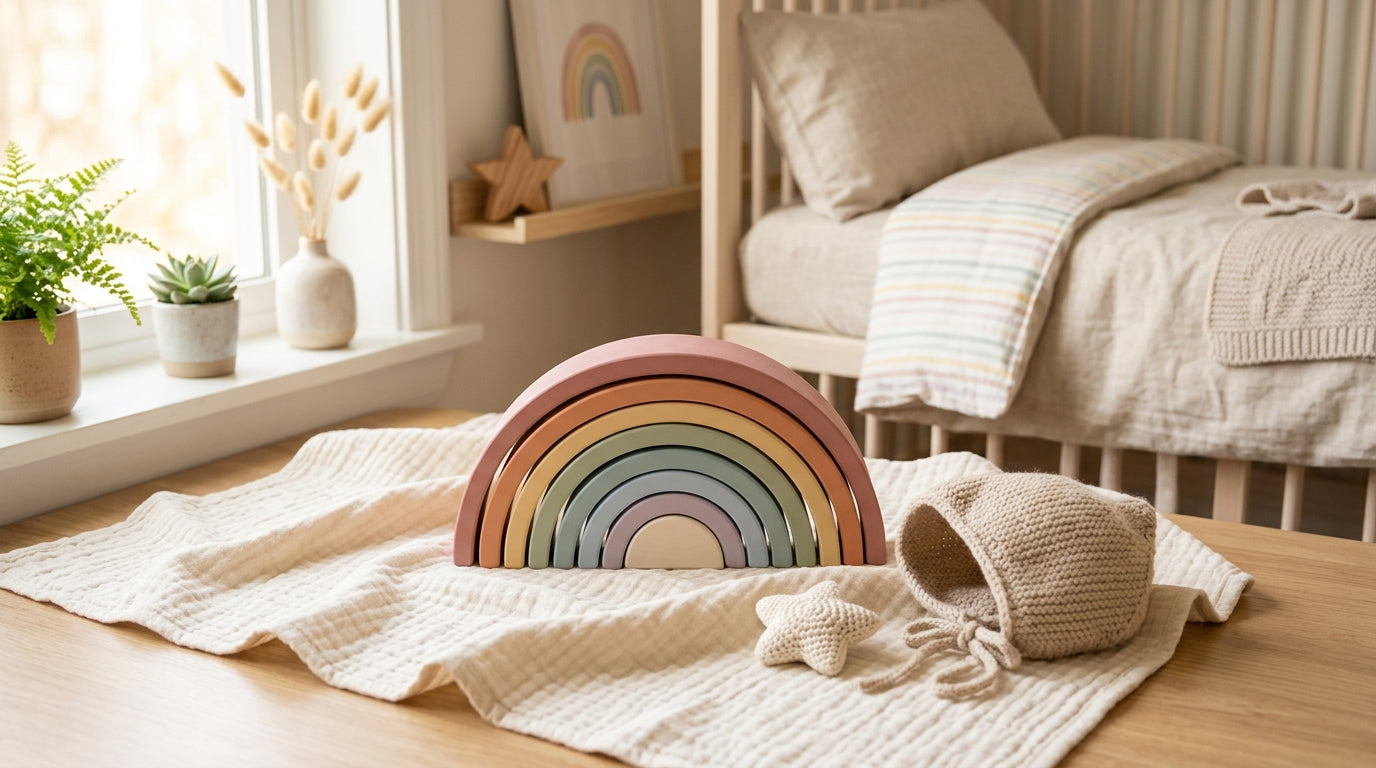 A soft organic bamboo rainbow blanket folded in a crib