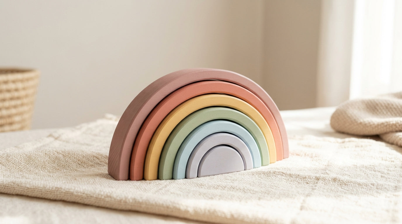 A folded terracotta and white baby blanket on a wooden rocking chair