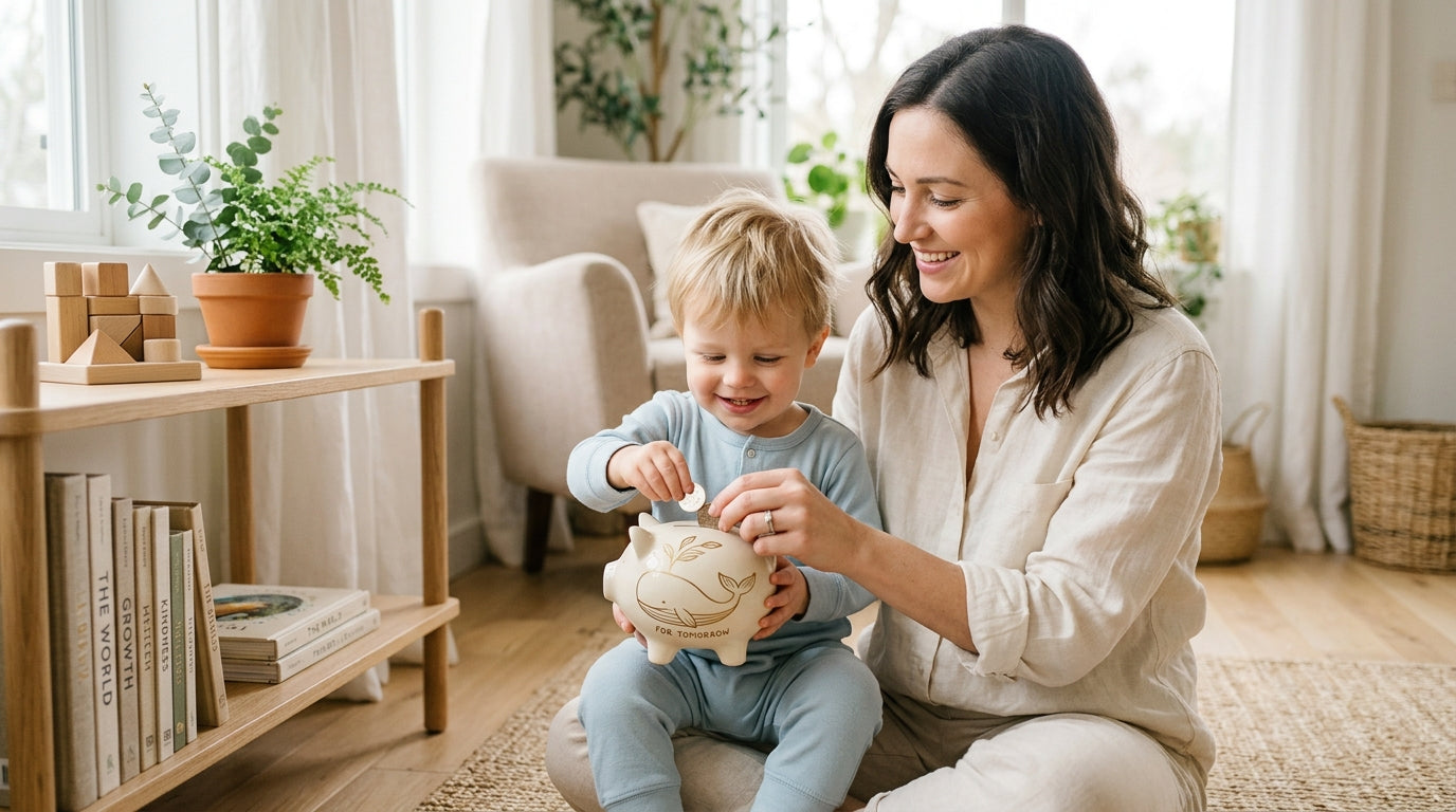 Texas mom reviewing financial paperwork at kitchen table while baby plays with wooden toys