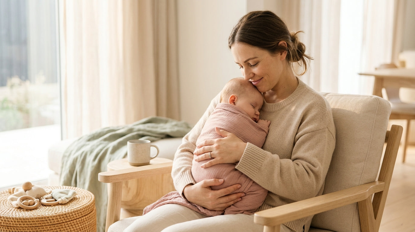 Exhausted mother holding a clinging infant in a baby carrier inside an apartment