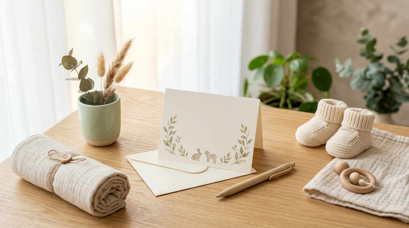 A woman holding a pen over a blank baby shower card next to a gift