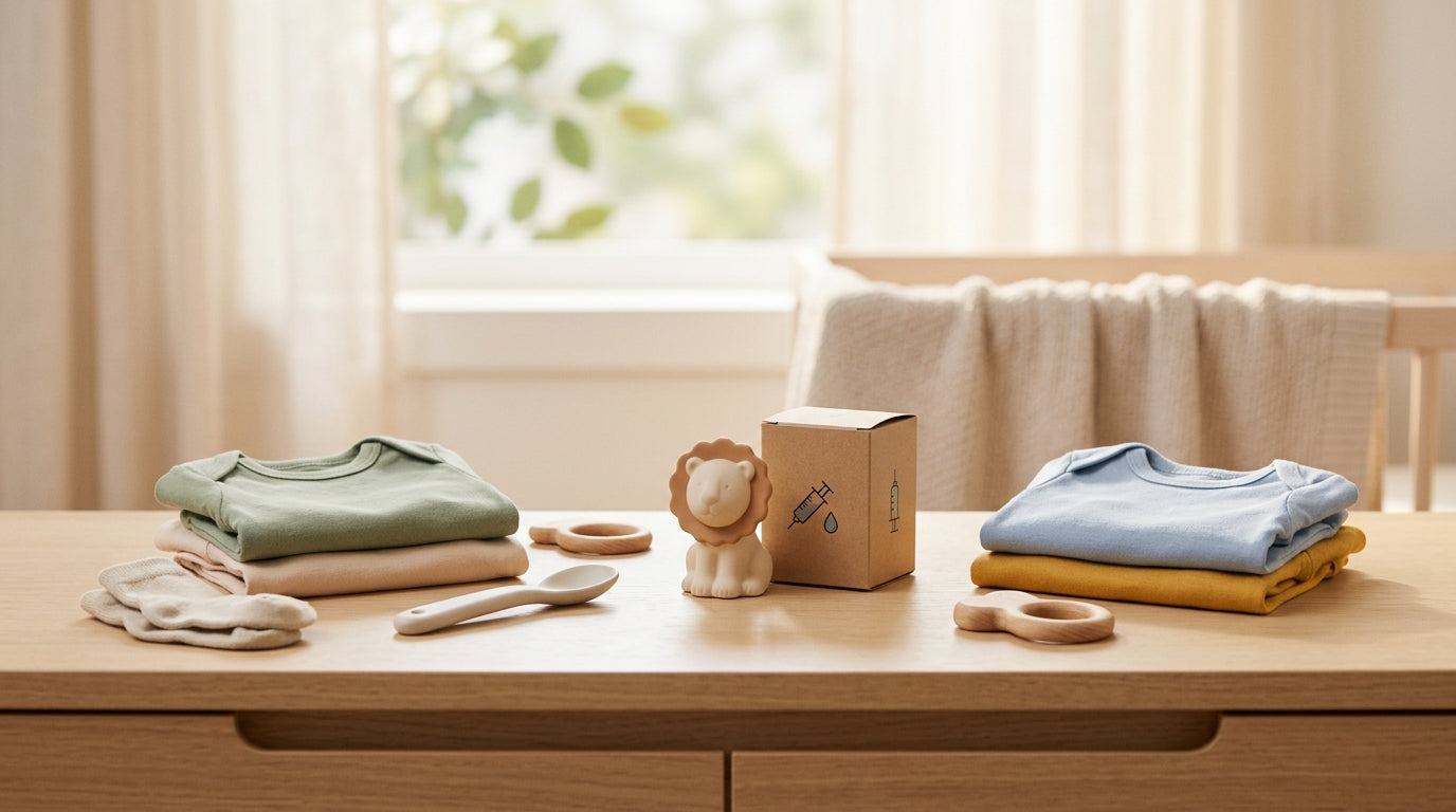 Tired British dad holding twin girls after their infant immunisations at the clinic