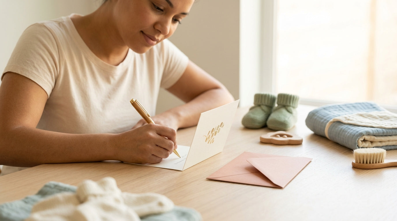 Dad staring blankly at an empty baby shower card next to an organic Kianao blanket.