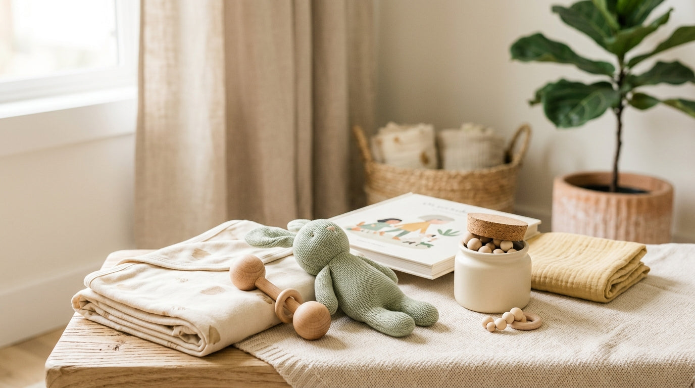 Vintage porcelain doll sitting next to modern sustainable wooden baby toys on a messy living room rug