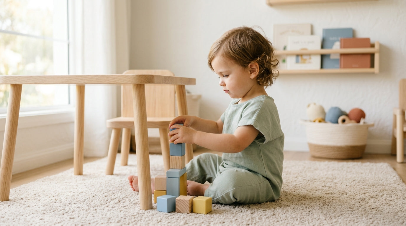 Exhausted mom holding a teething baby while watching her oldest child struggle to build a block tower.