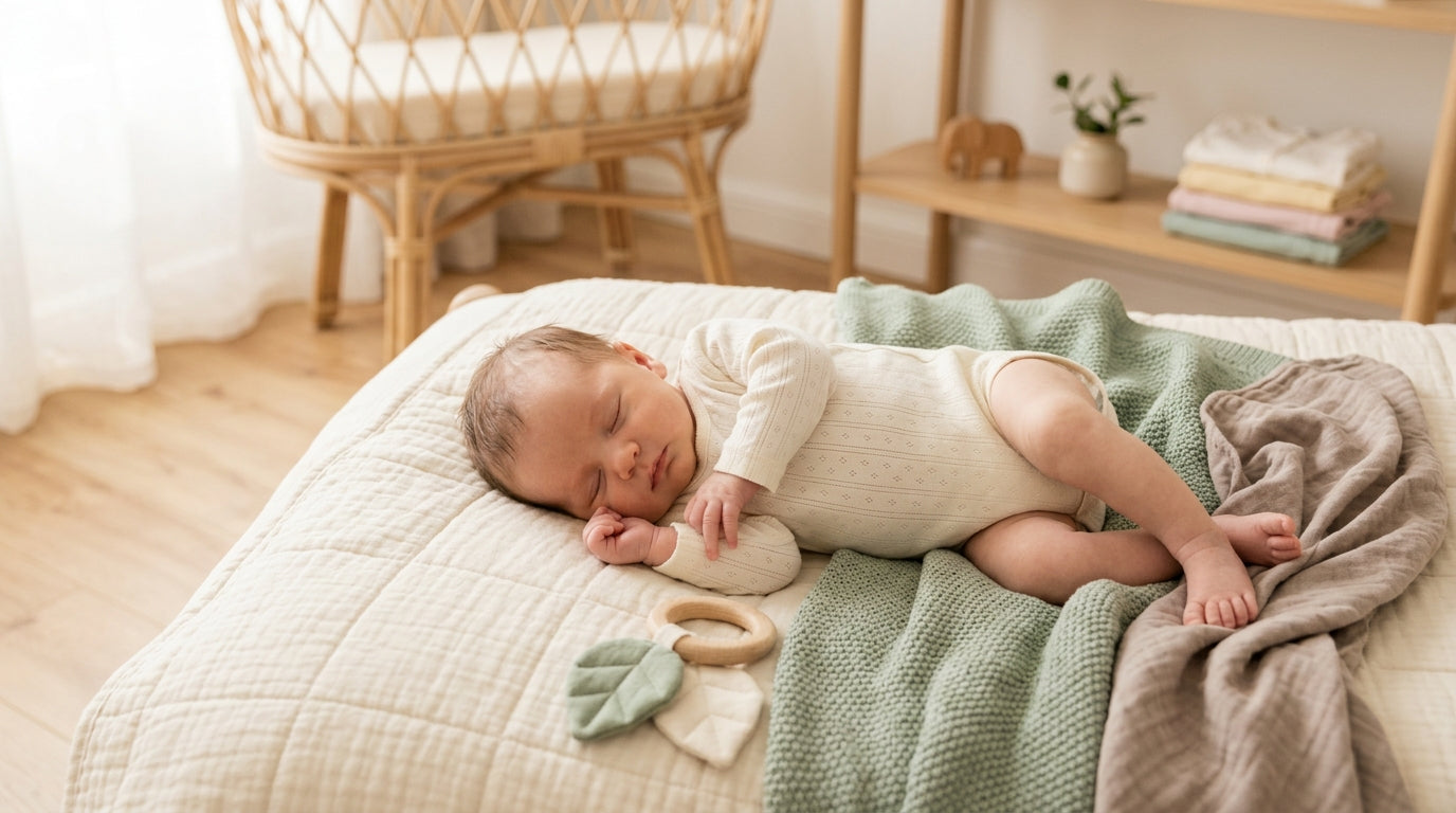 A tired dad looking at his swaddled newborn baby making a strange face.