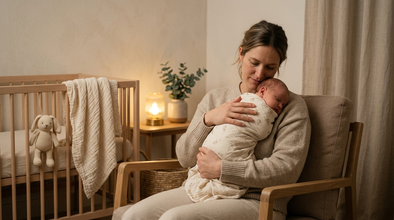 Exhausted mom holding a crying baby in a dimly lit nursery