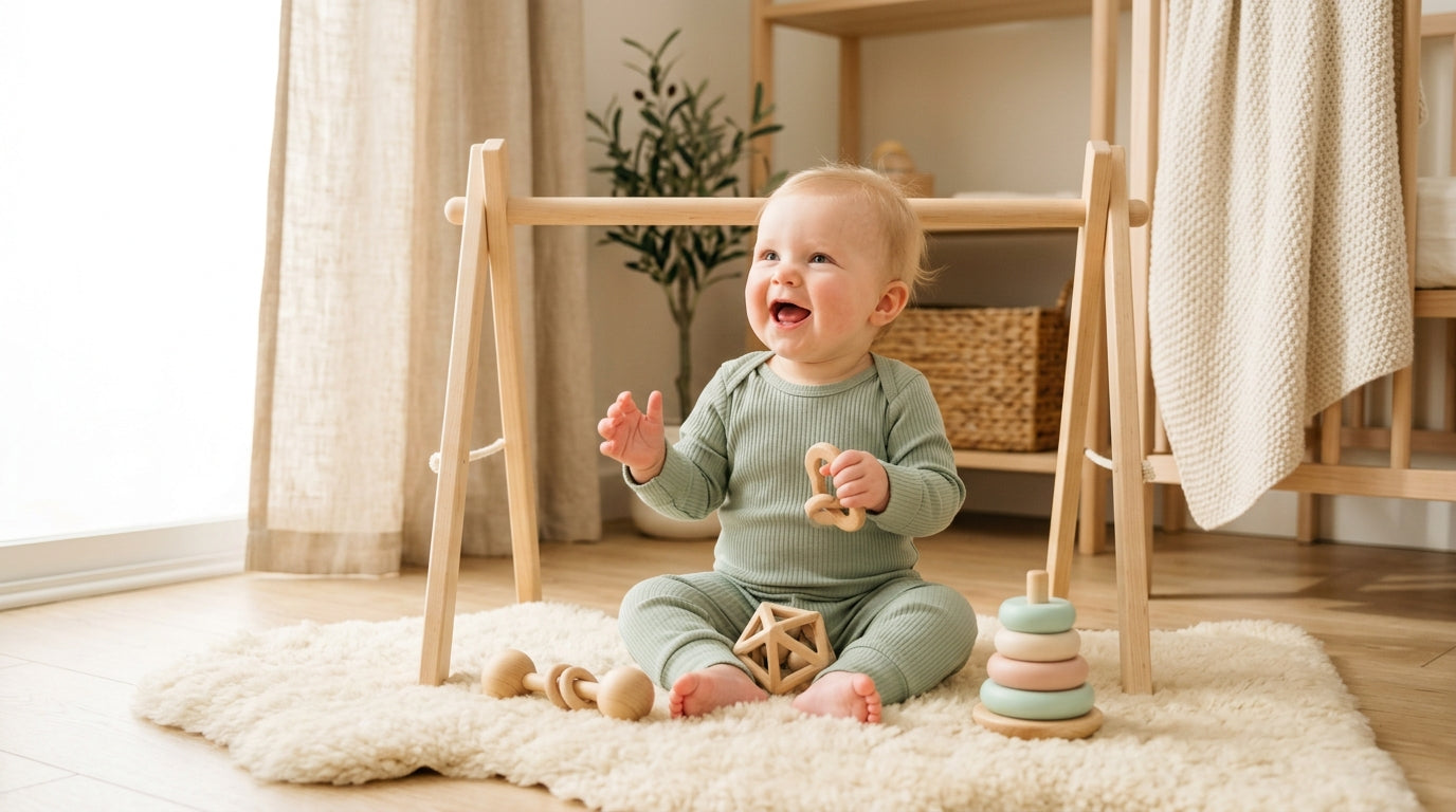 A smiling baby laying on an organic playmat chewing a wooden bunny teething ring