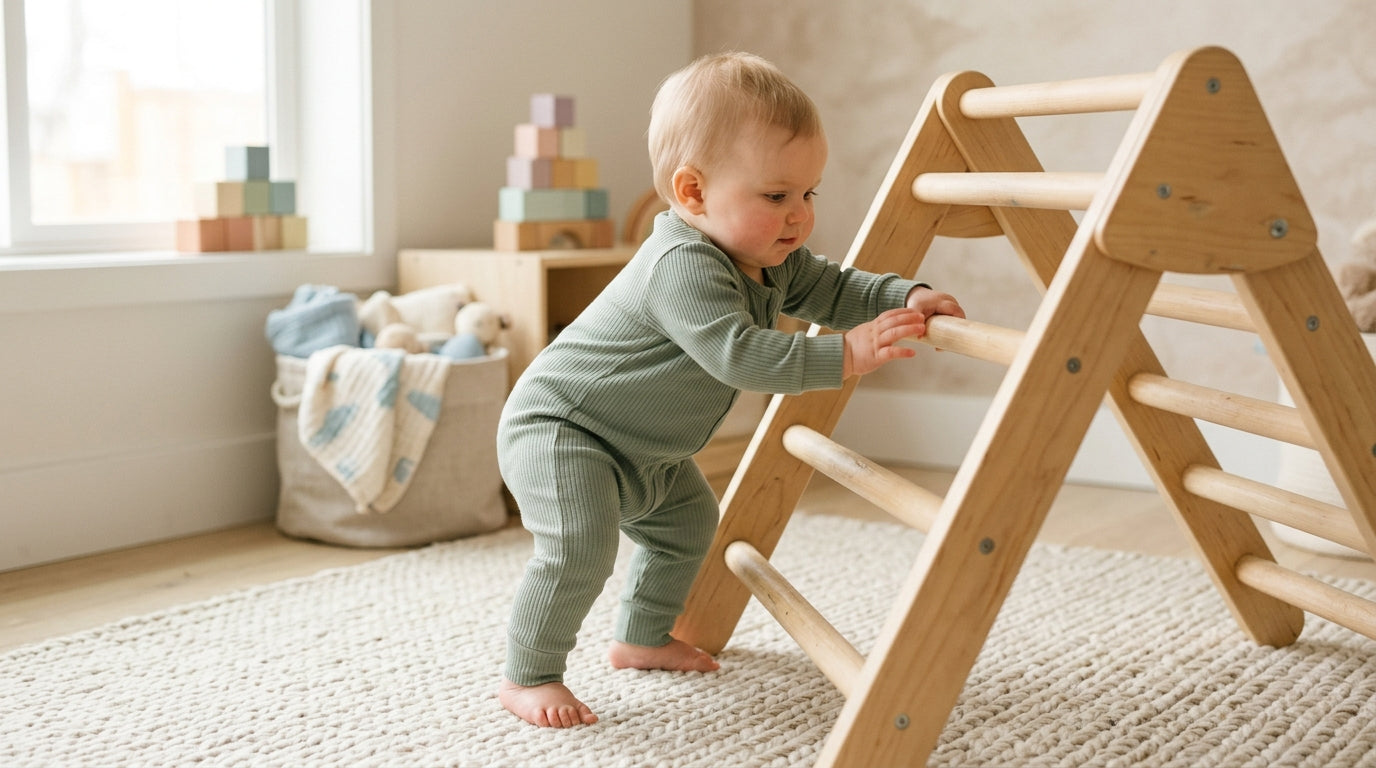 Baby pulling up to stand on a wooden coffee table wearing no socks