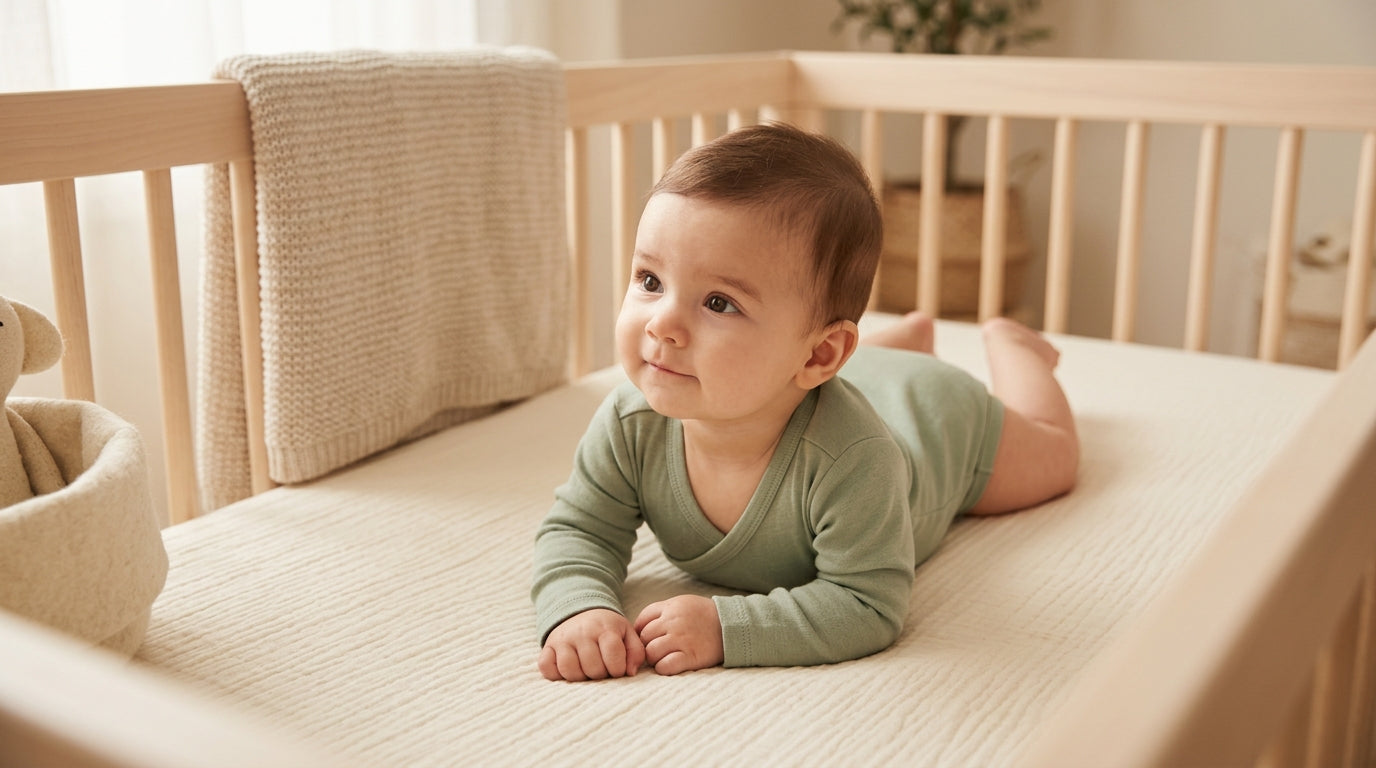 Baby doing a mini push-up on a living room rug trying to roll over