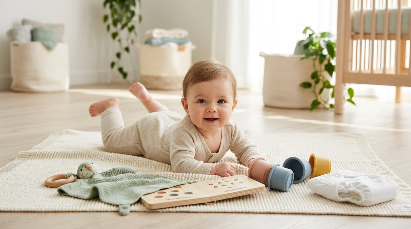 A baby lying on their back on a bamboo play mat twisting their hips.