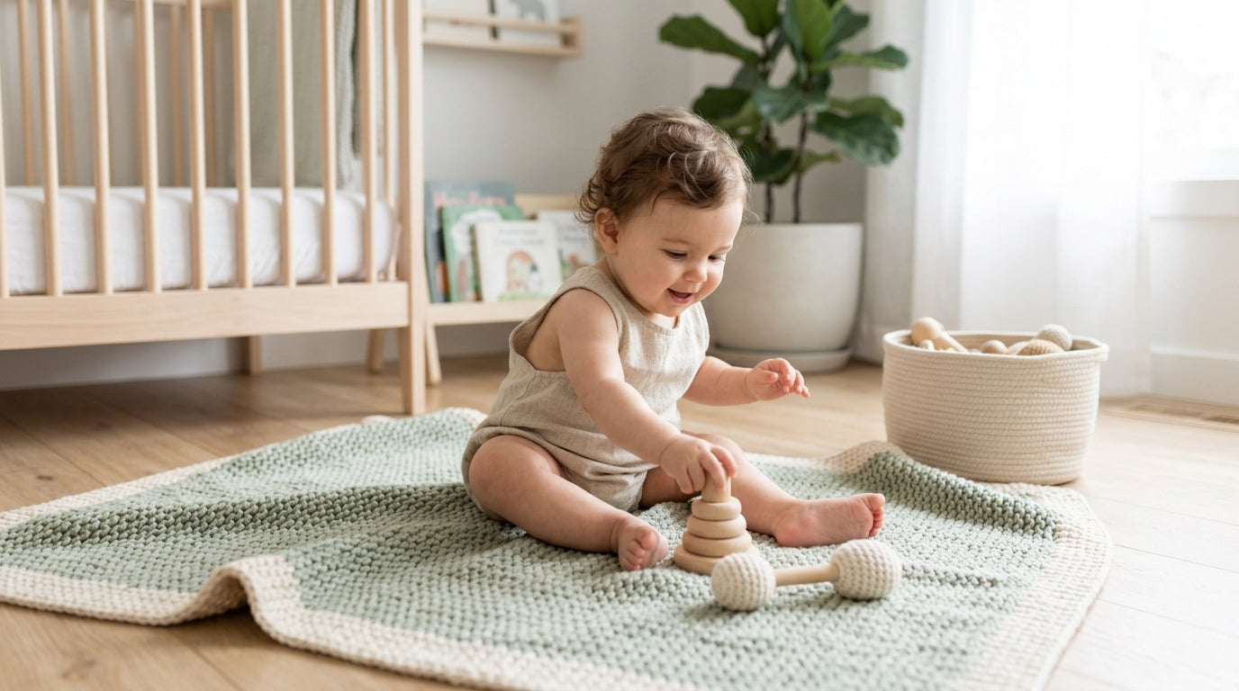 Baby trying to sit up on a firm playmat surrounded by pillows