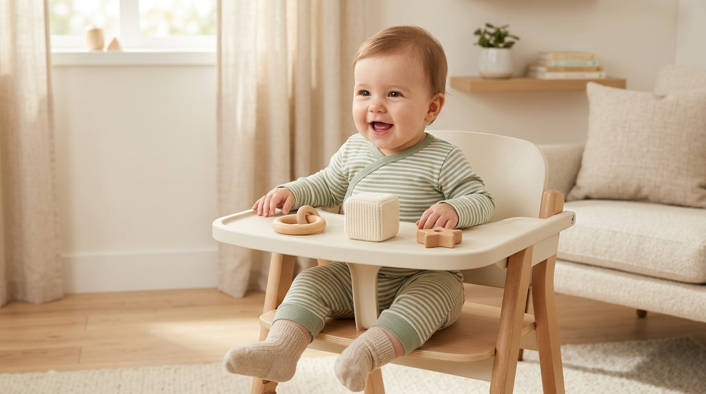 A mother sitting on a rug looking skeptical while her baby chews on a wooden block