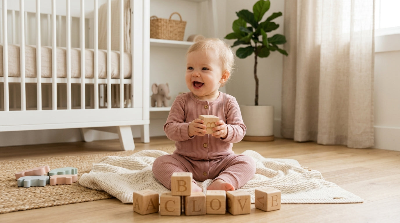 A tired mom holding a coffee while her baby chews on a wooden teething toy