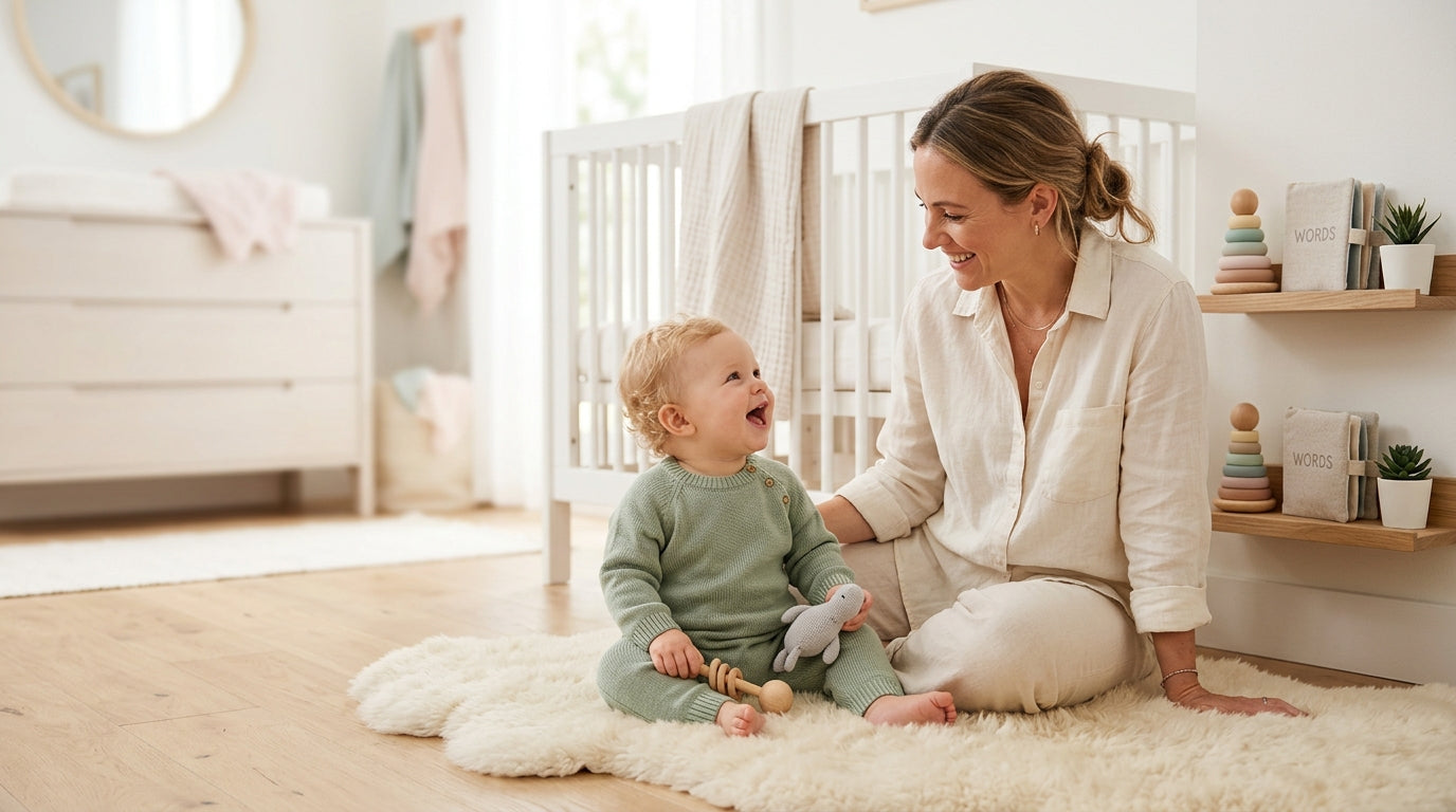 Worried mom holding coffee while toddler plays on the floor
