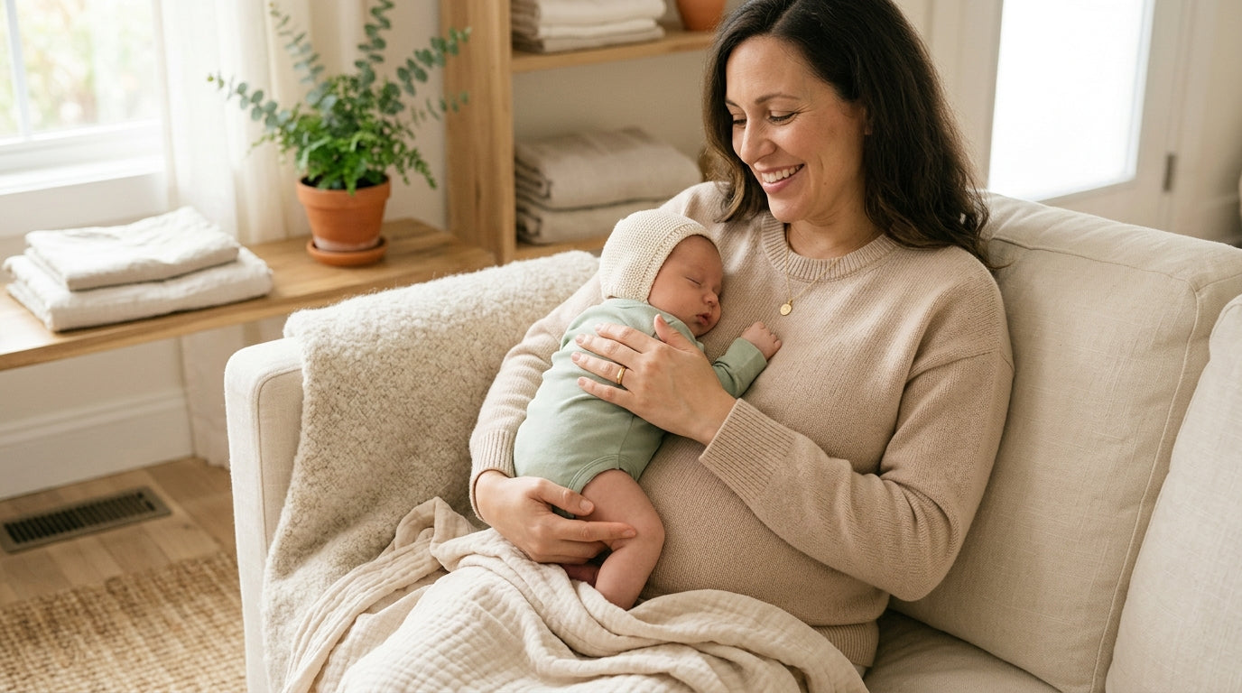 A pregnant mom sitting on her bed looking at early ultrasound photos trying to figure out the timeline.