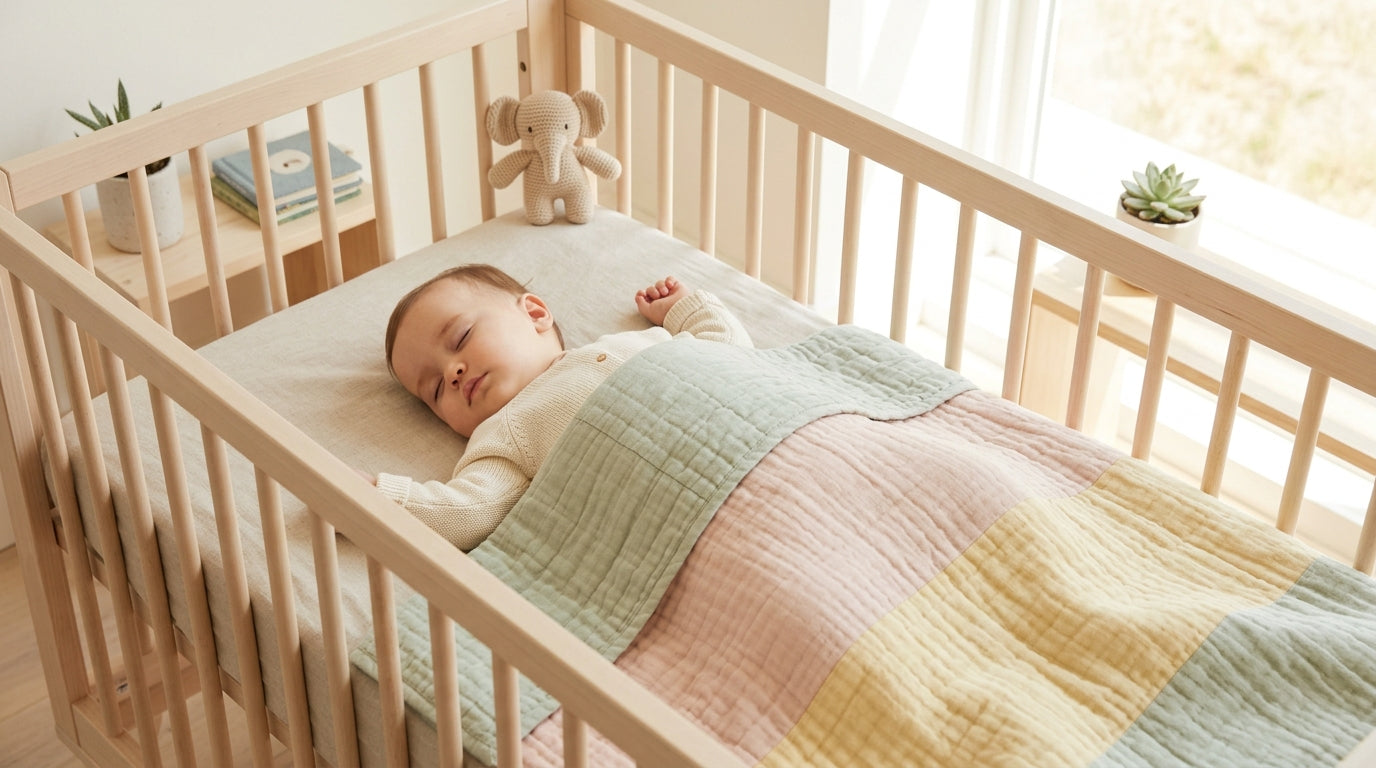 Mother drinking coffee while staring at baby monitor in dark room trying to figure out if infant is too cold without blanket