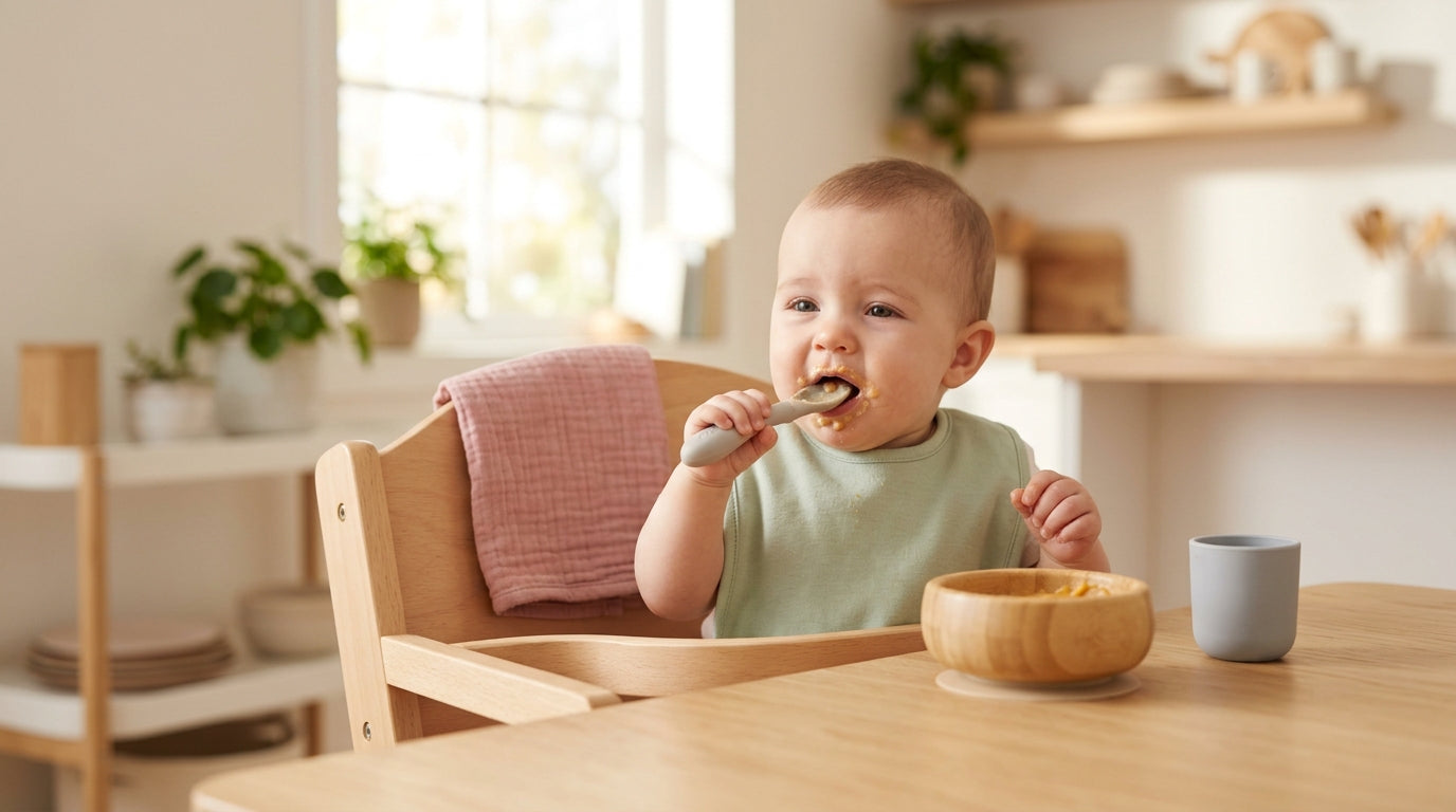 Tired mom staring at a six-month-old baby who just spit pureed peas on the wall