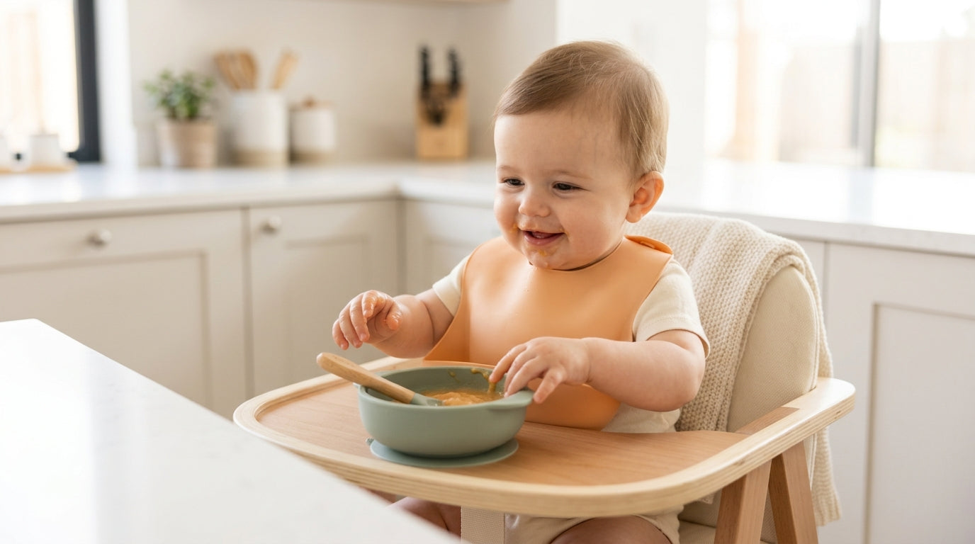 My kitchen floor covered in mashed sweet potatoes and a silicone plate.