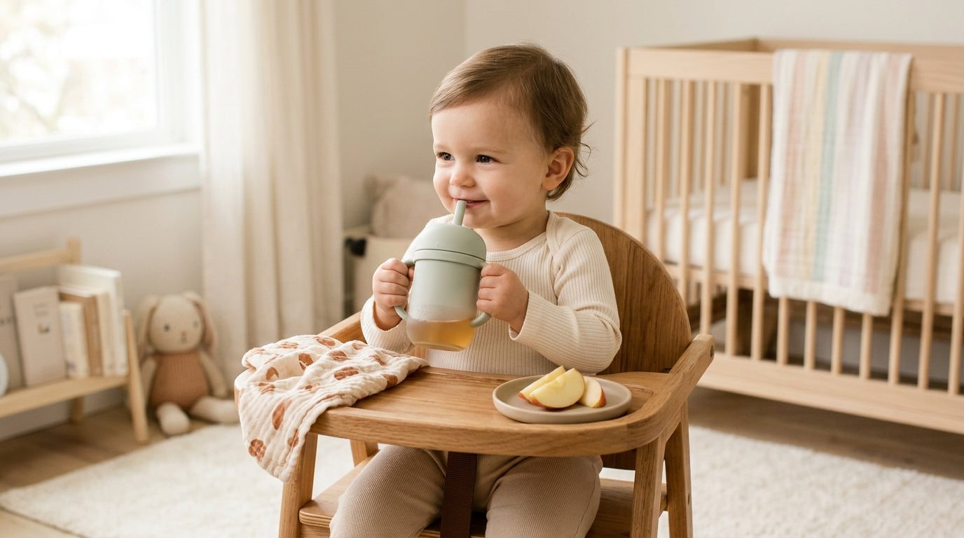An exhausted mom holding a coffee mug next to a spilled sippy cup of apple juice