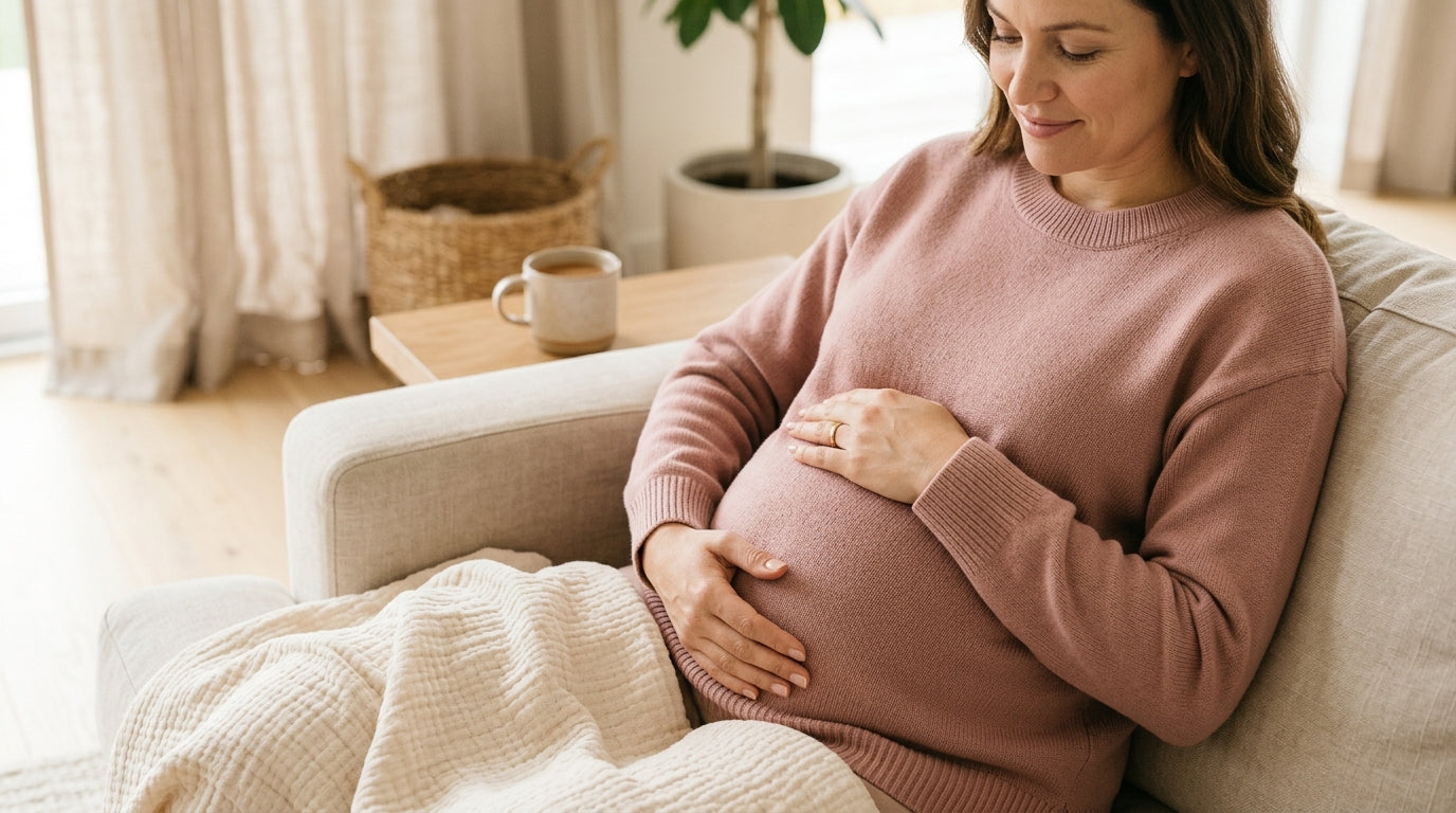 Pregnant mom sitting on the couch waiting to feel baby move