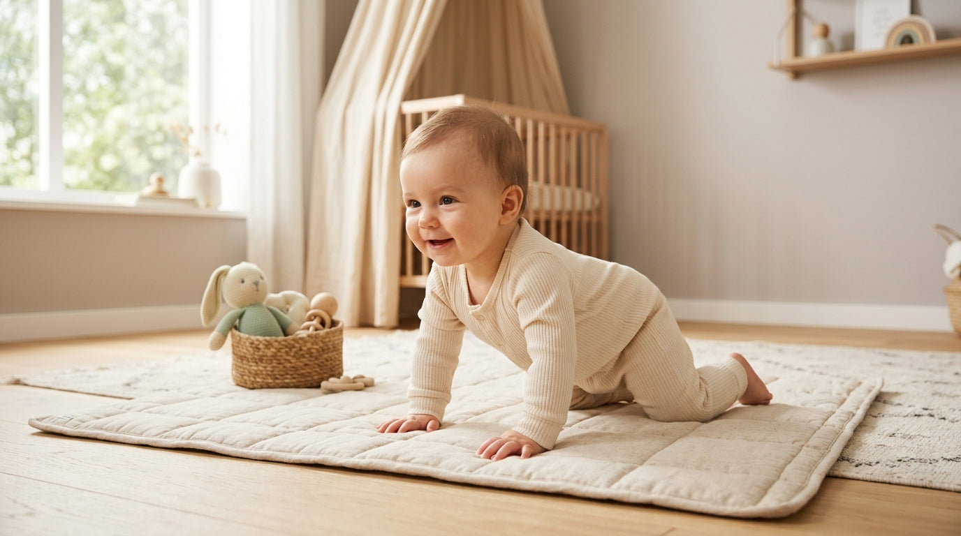 Baby attempting reverse gear crawl on living room floor