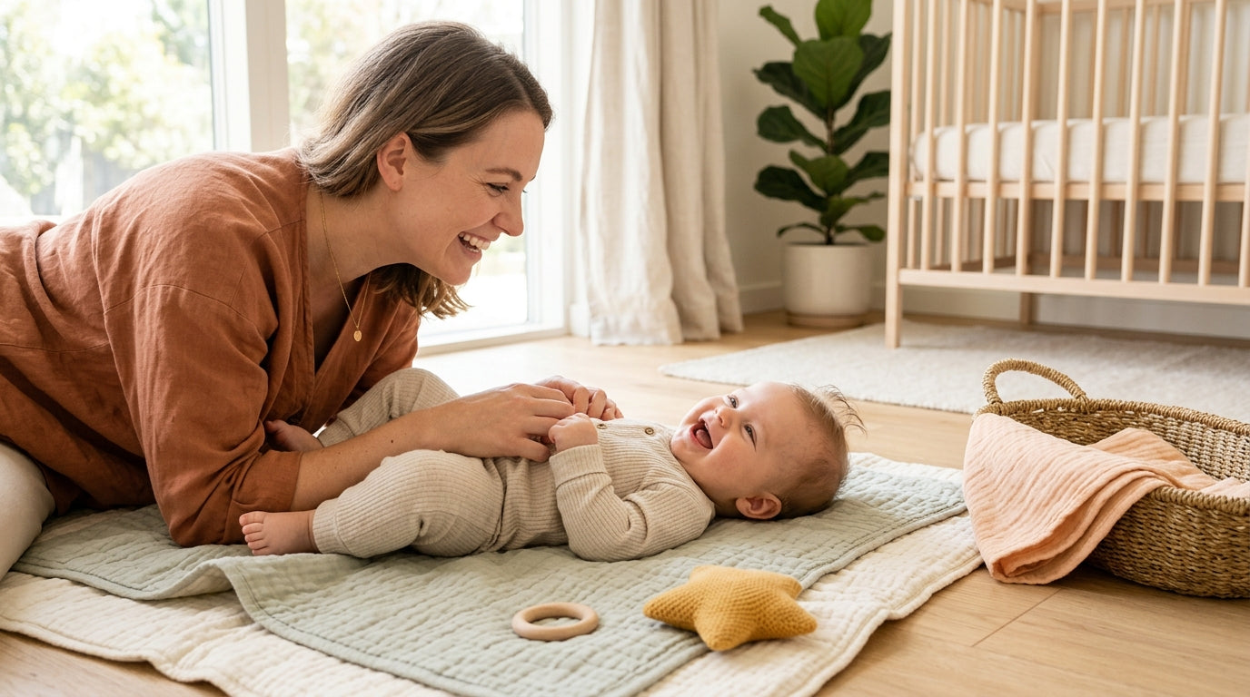 A mom looking exhausted holding a laughing six-month-old baby on an organic blanket.