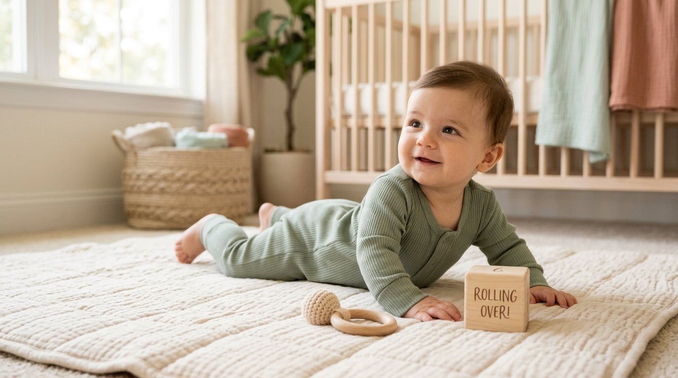 Baby attempting to roll onto stomach on a soft organic nursery blanket