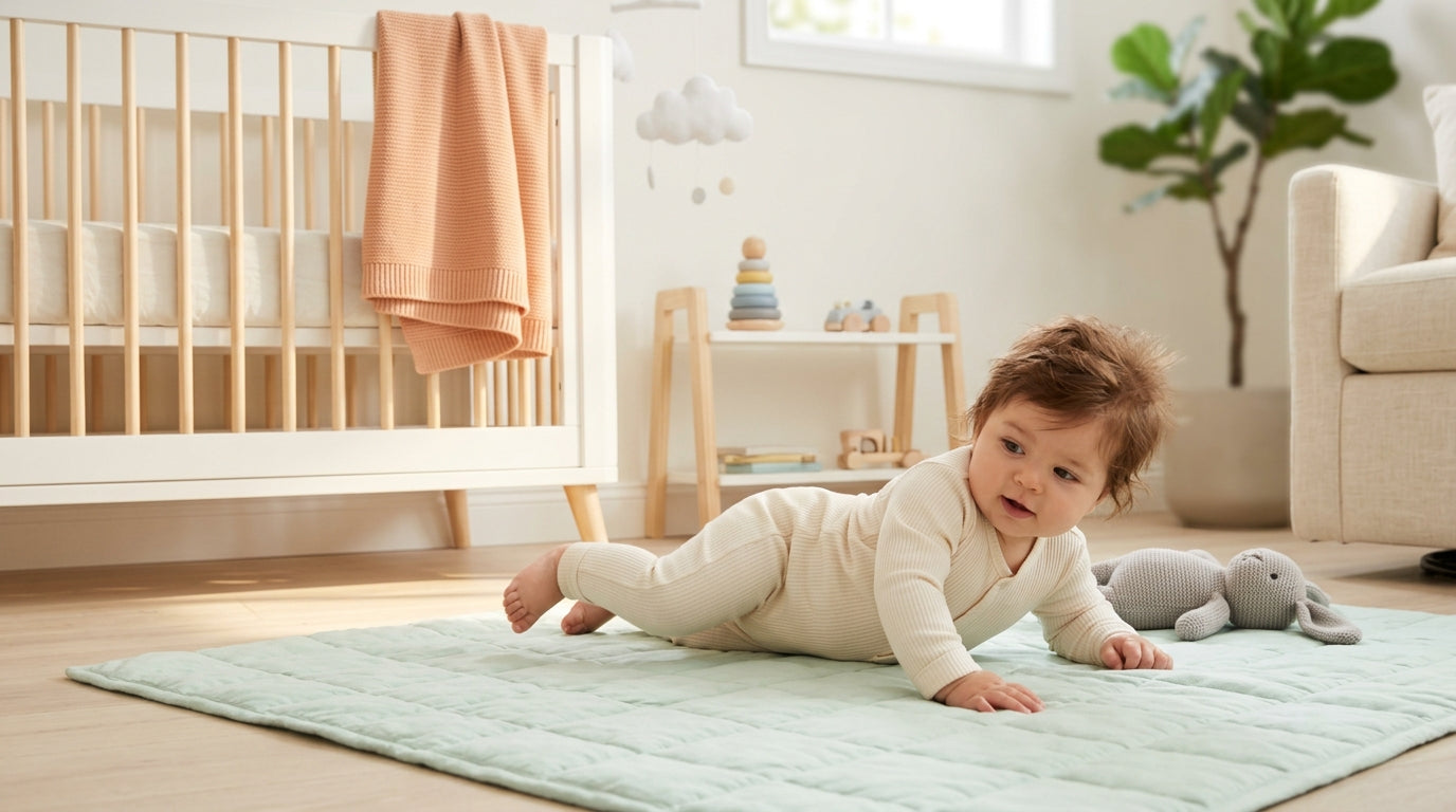 Confused dad staring at baby monitor while baby rolls from back to belly in crib
