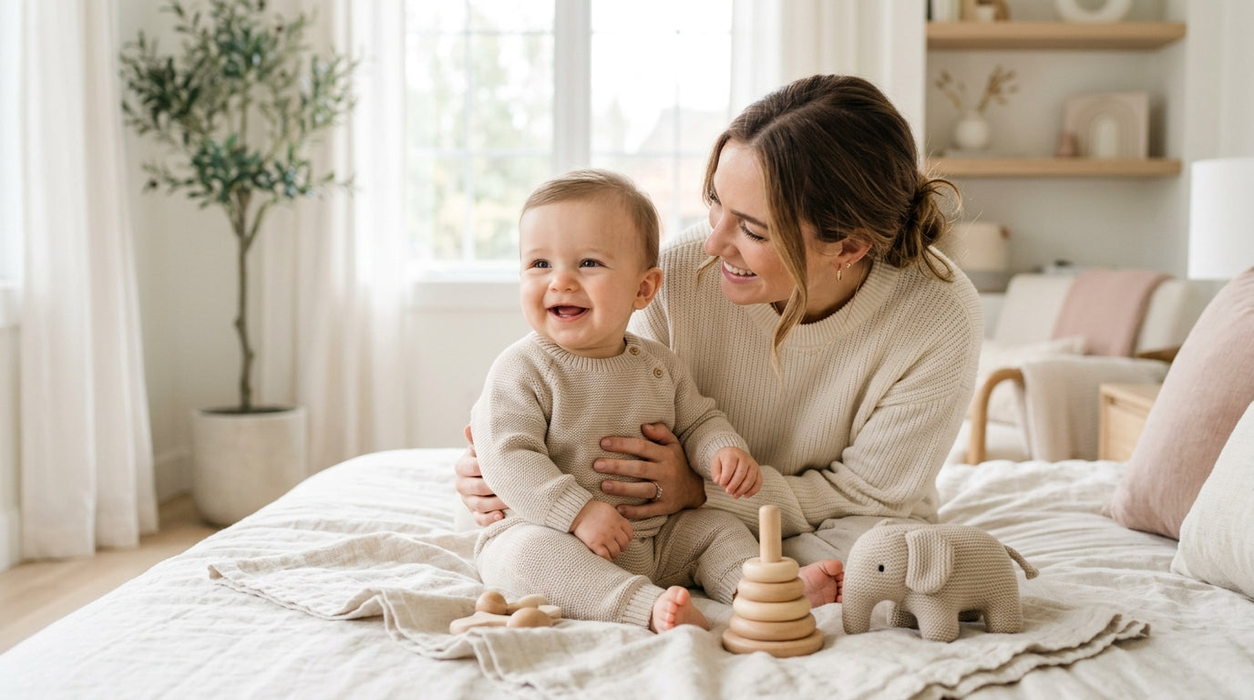 Tired mother holding a coffee cup while looking at her babbling baby
