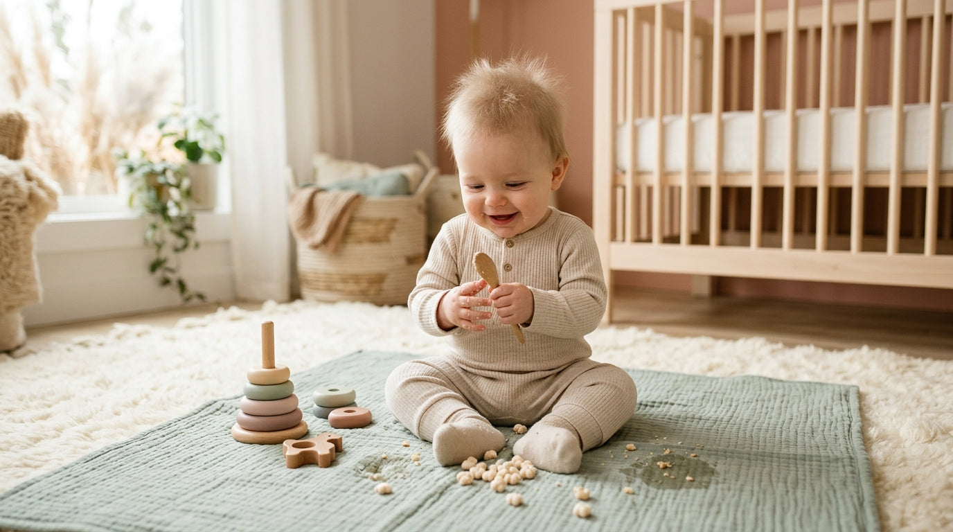 A six month old baby doing the wobbly tripod sit on a playmat while holding a teether