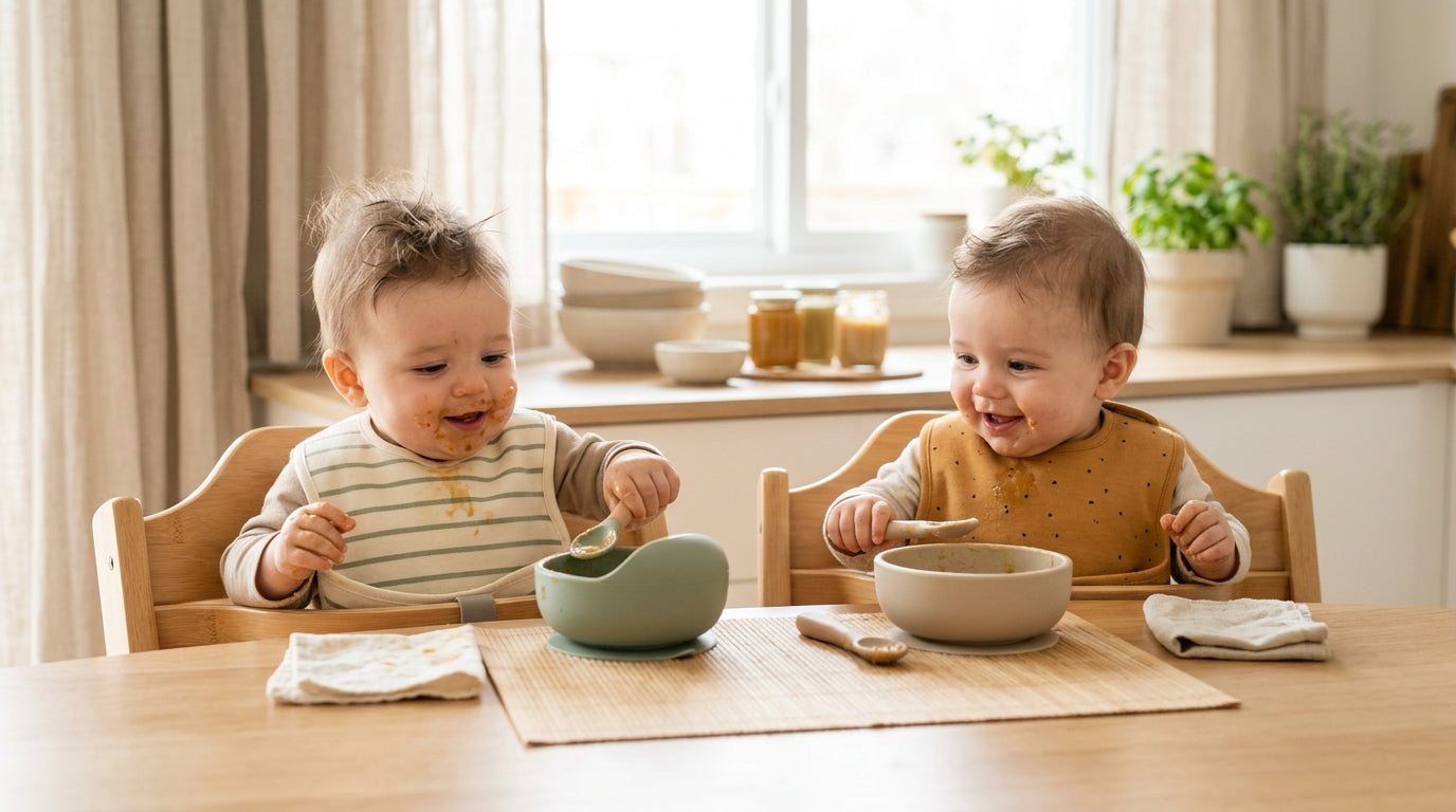 Twin girls covered in sweet potato puree sitting in highchairs at the kitchen table