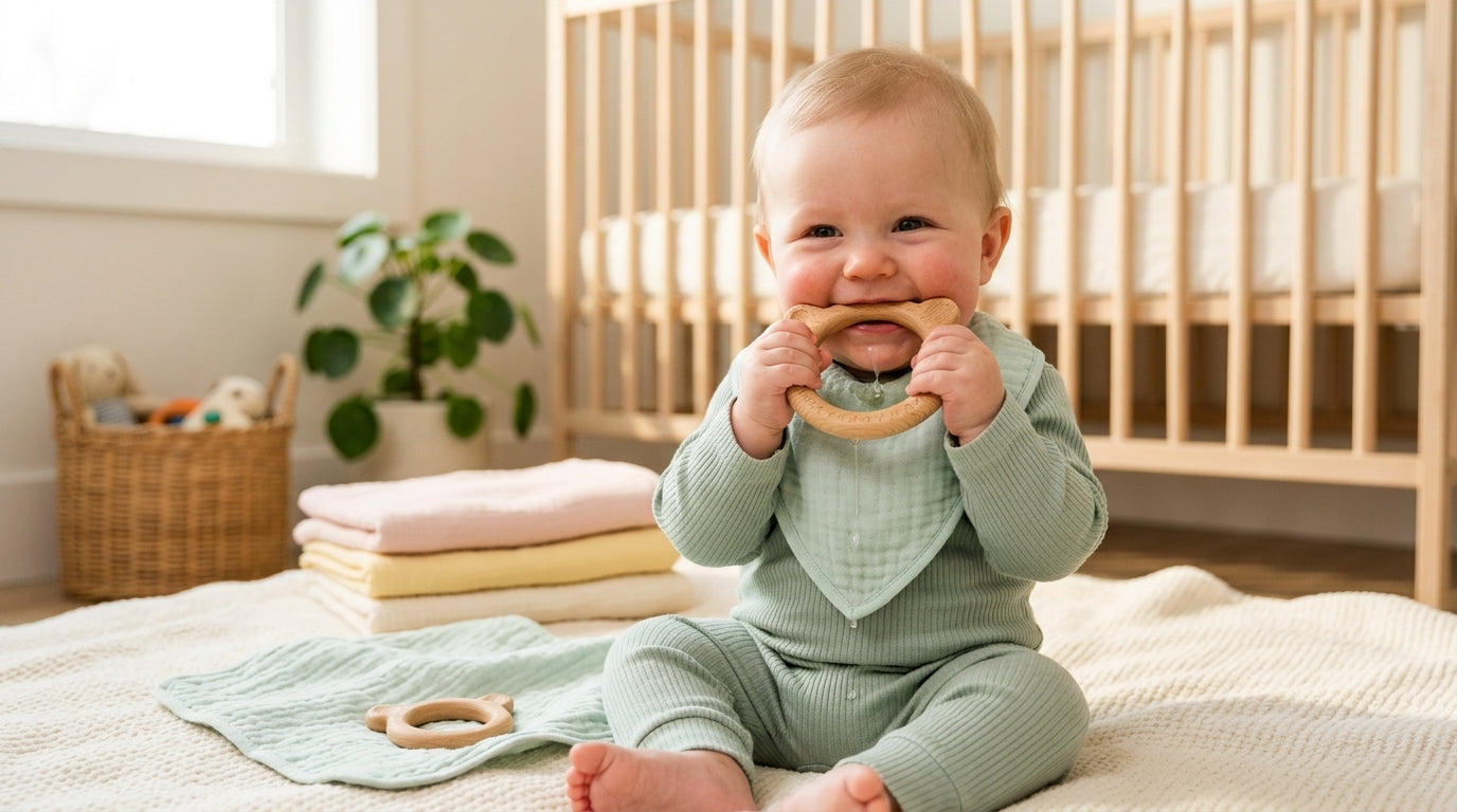 An exhausted mom holding a drooling infant who is chewing on a silicone squirrel teether.
