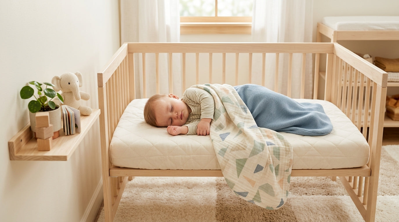 Tired dad holding a baby in a bamboo blanket looking at a clock