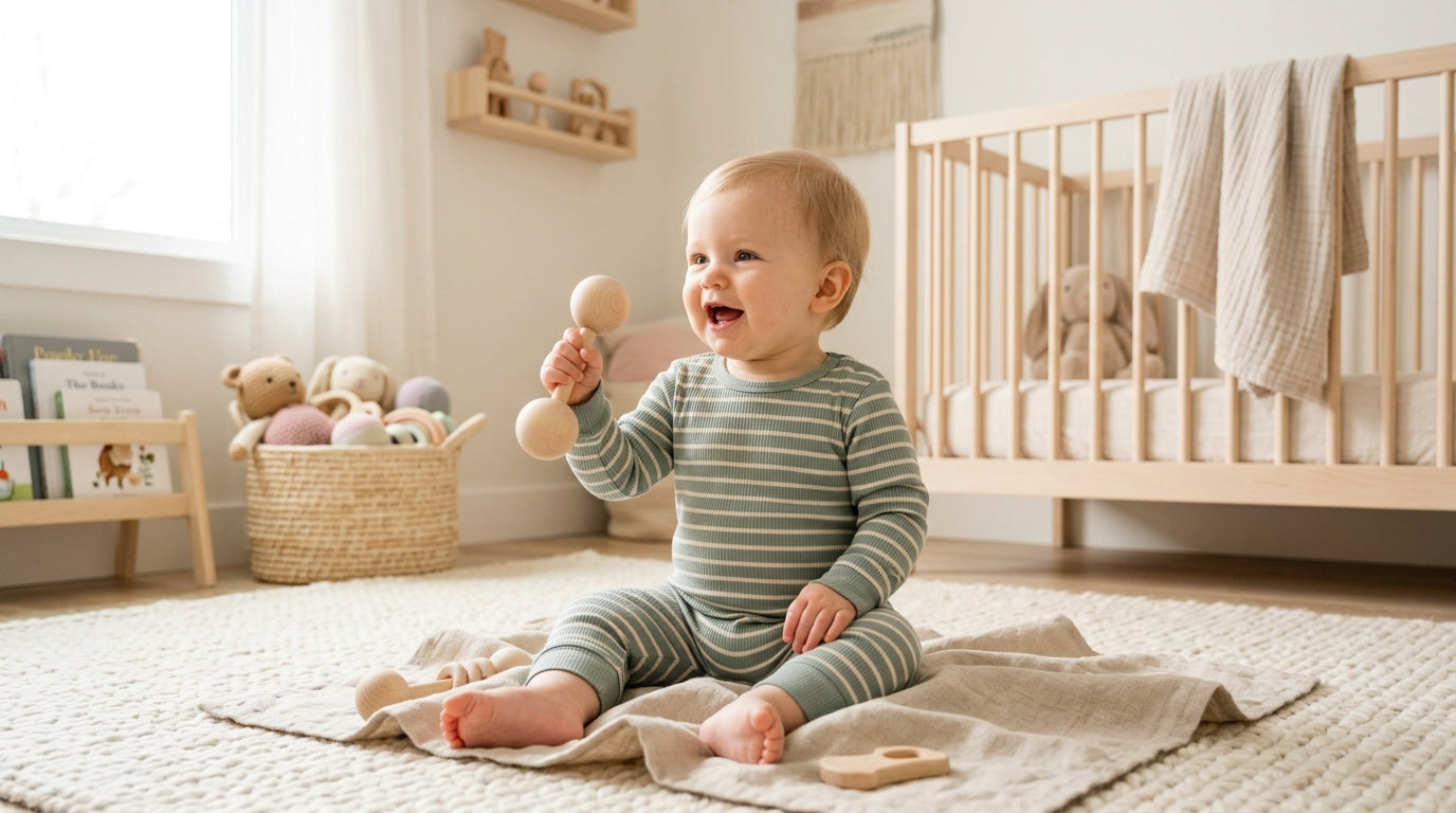 A confused British dad holding twin girls who are babbling at a wooden play gym.